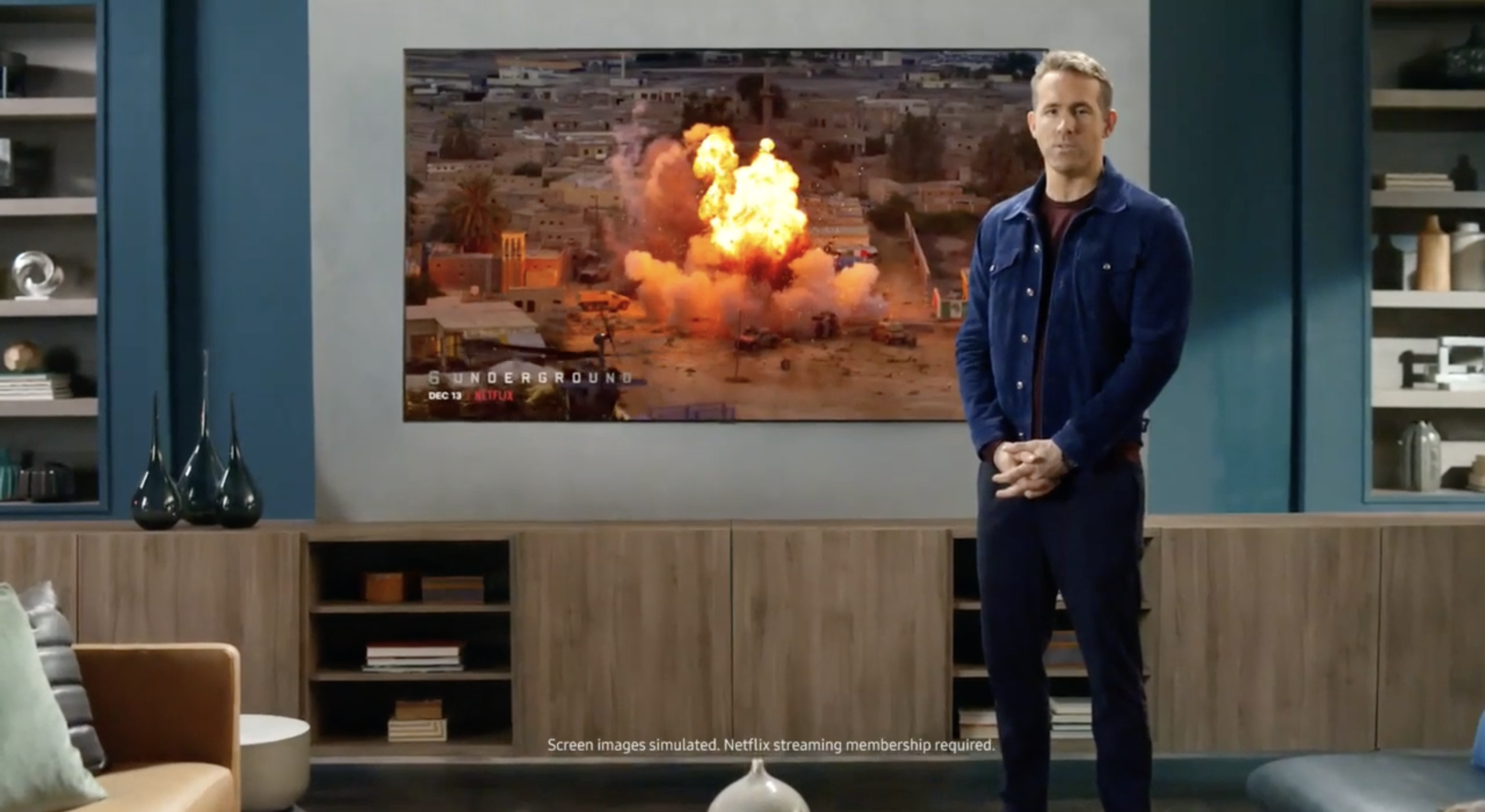 Ryan Reynolds in the Samsung × Netflix × Ryan Reynolds' Aviation Gin commercial
